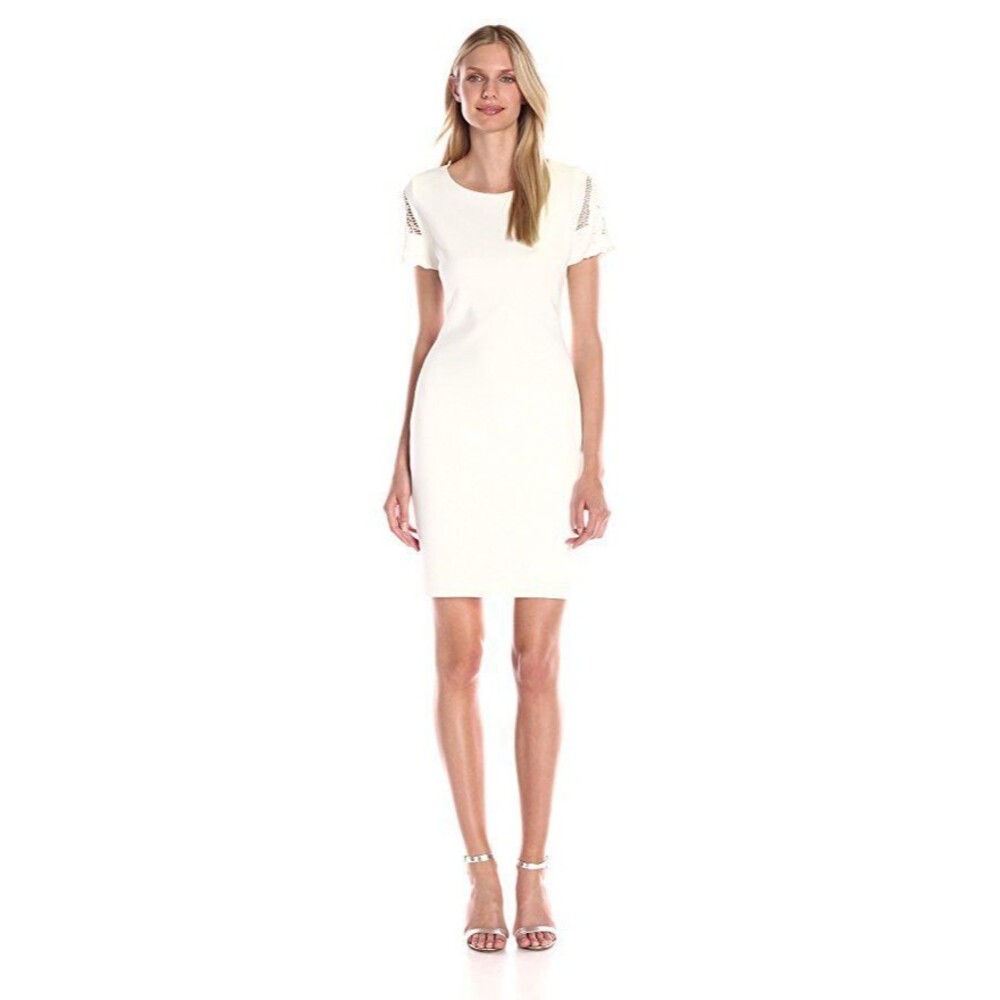 New NWT Womens 12 Tommy Hilfiger White Dress Lace Sleeve Accents Sheath Scuba